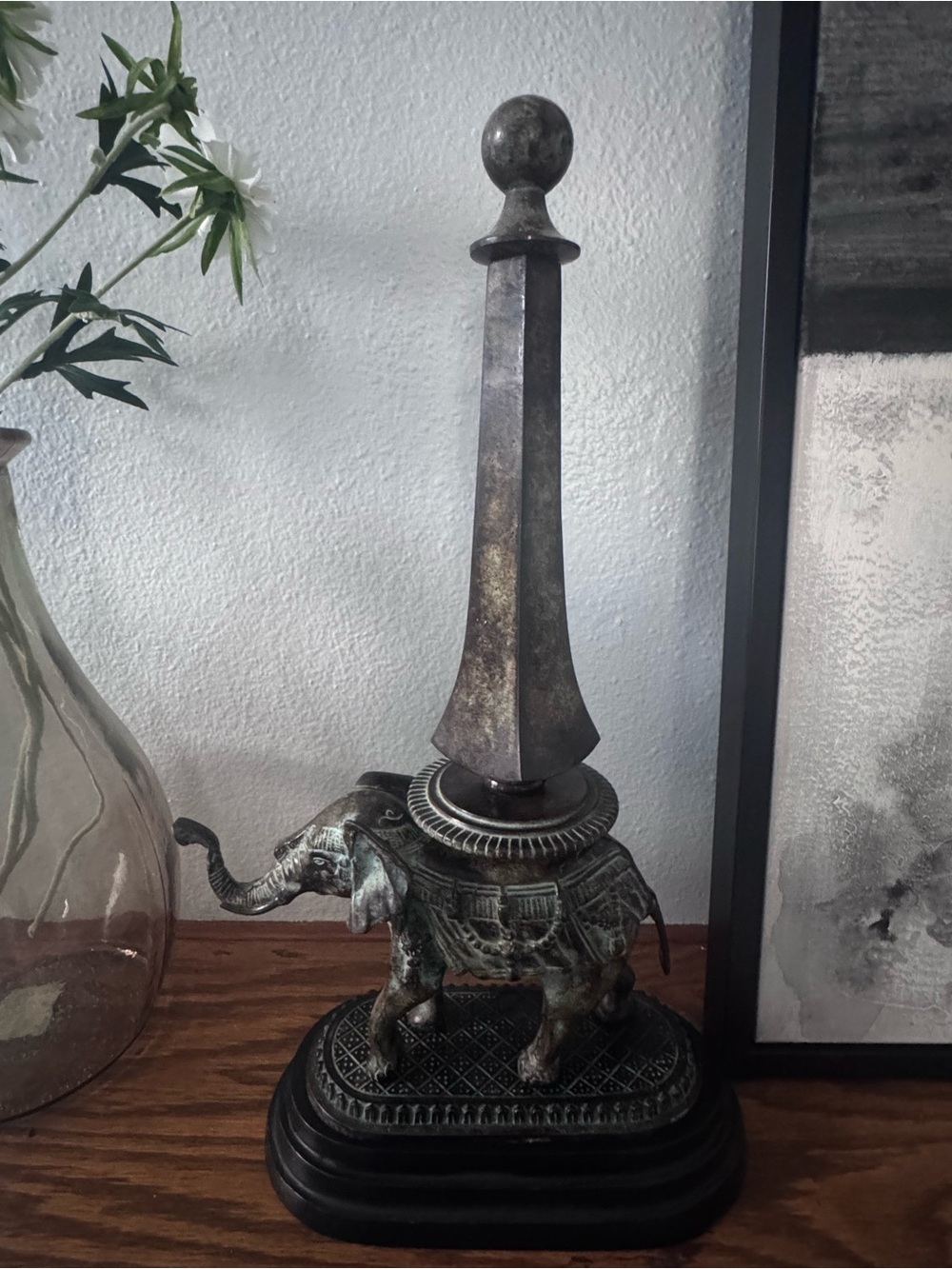 Ornate Vintage Elephant Obelisk Brass Accent Sculpture Green/Bronze Finial 20.5